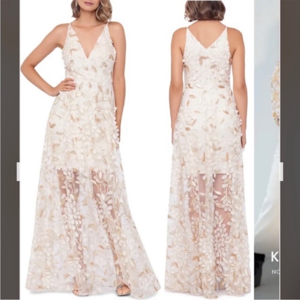 XSCAPE Petite 3D Embroidered Floral Appliqué Gown in Champagne Size 4P - Picture 3 of 10